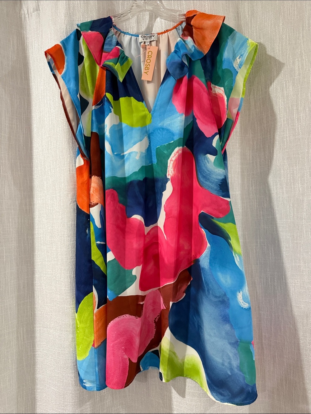 NWT CROSBY by Mollie Burch LARGE  Finnegan Splash dress Multicolor Ruffle VNeck